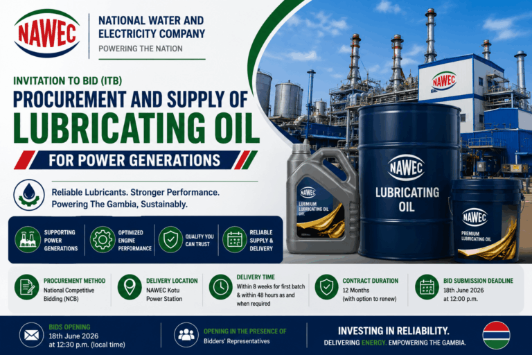 Invitation to Bid: Procurement and Supply of Lubricating Oil for Power Generations — Ref: NAWEC/EBU/LUB/NCB/001/2026