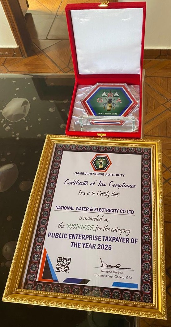 NAWEC GRA Certificate of Tax Compliance and Award Trophy — Public Enterprise Taxpayer of the Year 2025