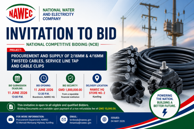 Invitation to Bid: Procurement and Supply of Twisted Cables, Service Line Taps and Cable Clips — Ref: NAWEC/NCB/CS/ESCM/01/2026