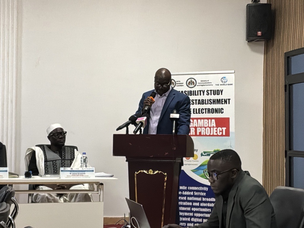 Mr. Sana Touray, Group Director Corporate Services, NAWEC, addressing the Stakeholder Validation Workshop on behalf of Managing Director Mr. Gallo Saidy