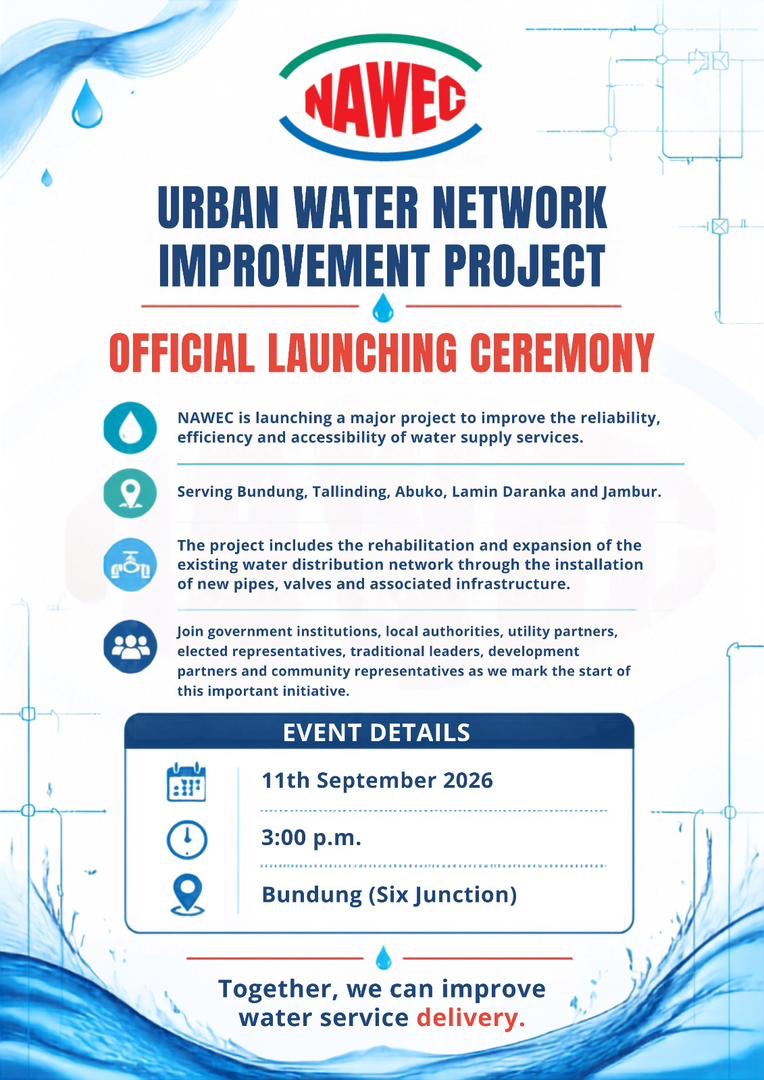 Official launch ceremony flyer — Urban Water Network Improvement Project, 11 September 2026, Bundung Six Junction